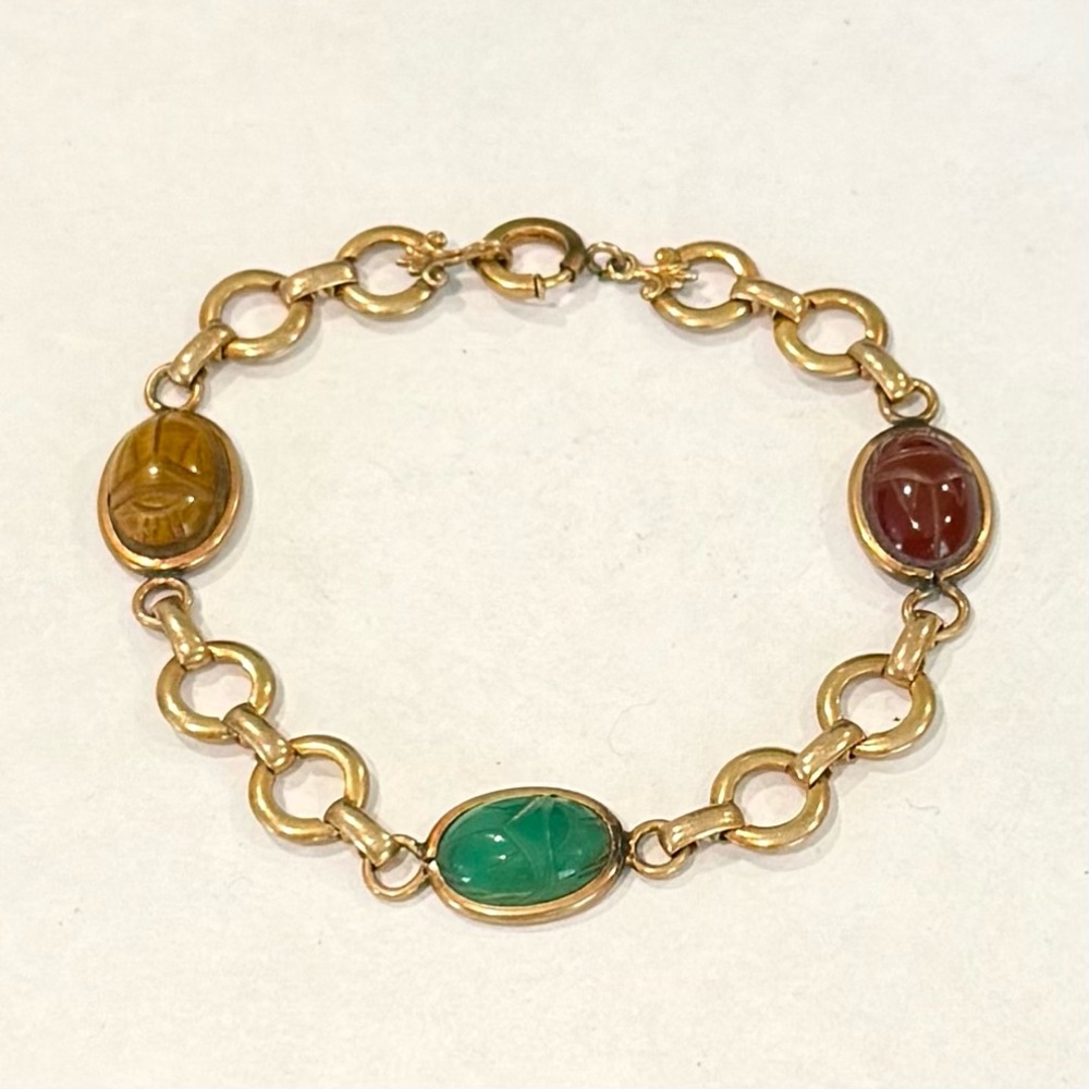 Vintage Gold Filled Scarab Bracelet Large Gemstones Carved Victorian Accents